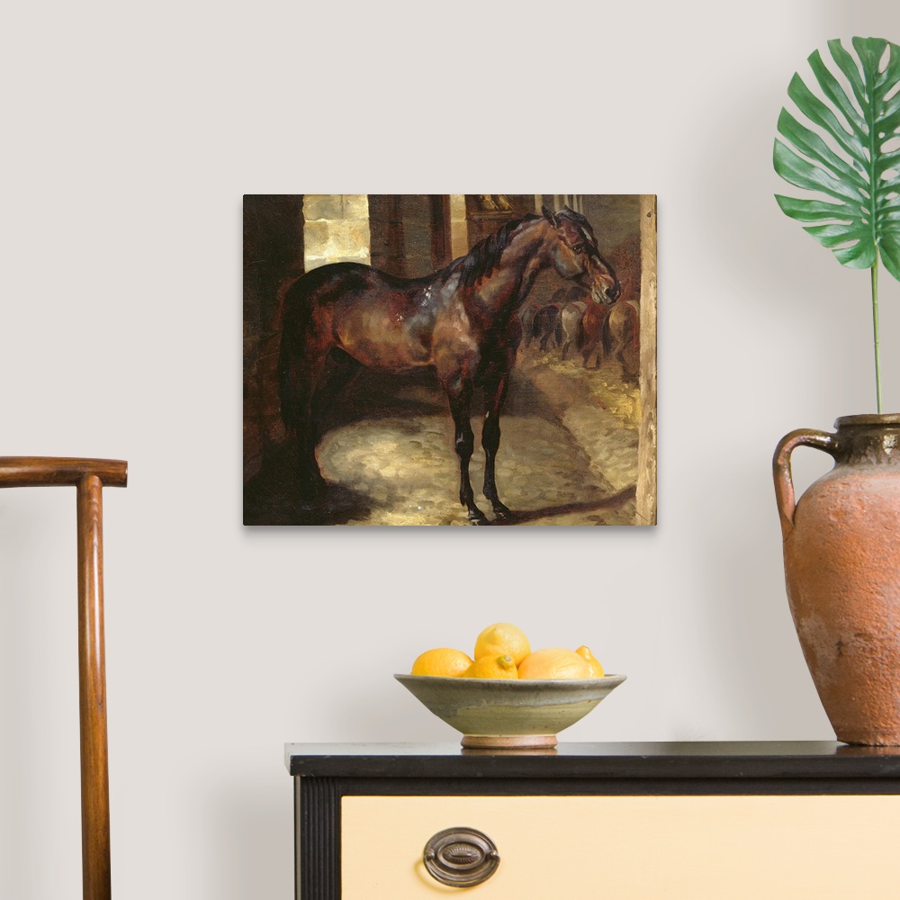A traditional room featuring Square, oversized classic painting  of a brown horse standing sideways in a stable.  A line of se...