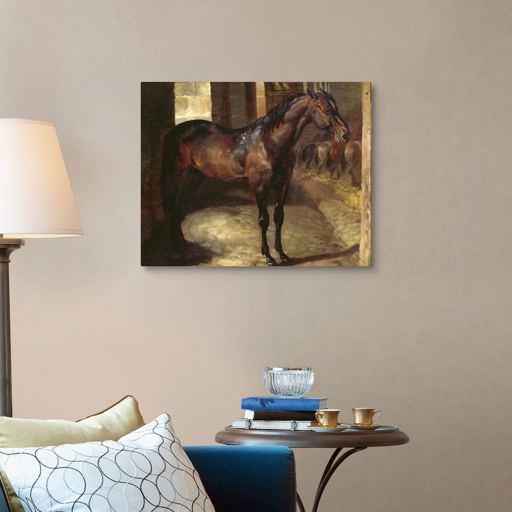 A traditional room featuring Square, oversized classic painting  of a brown horse standing sideways in a stable.  A line of se...