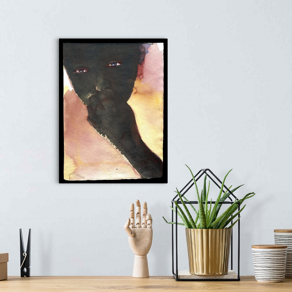 A bohemian room featuring Contemporary watercolor painting of silhouetted figure with their hand up to their mouth and look...