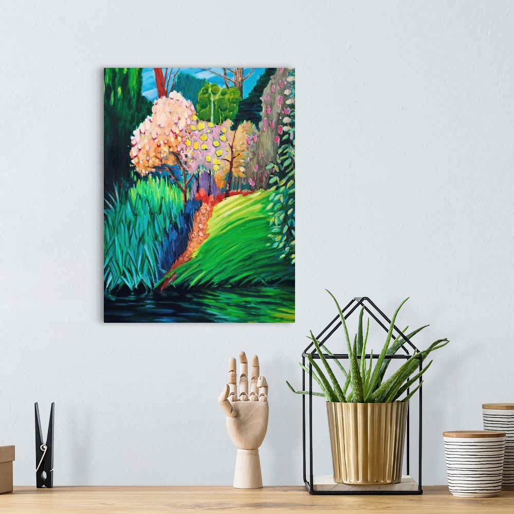 A bohemian room featuring Colorful contemporary painting of an outdoor scene.