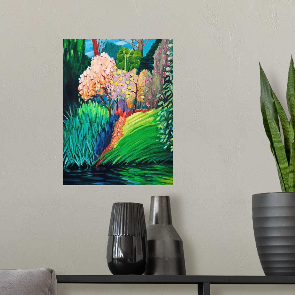 A modern room featuring Colorful contemporary painting of an outdoor scene.