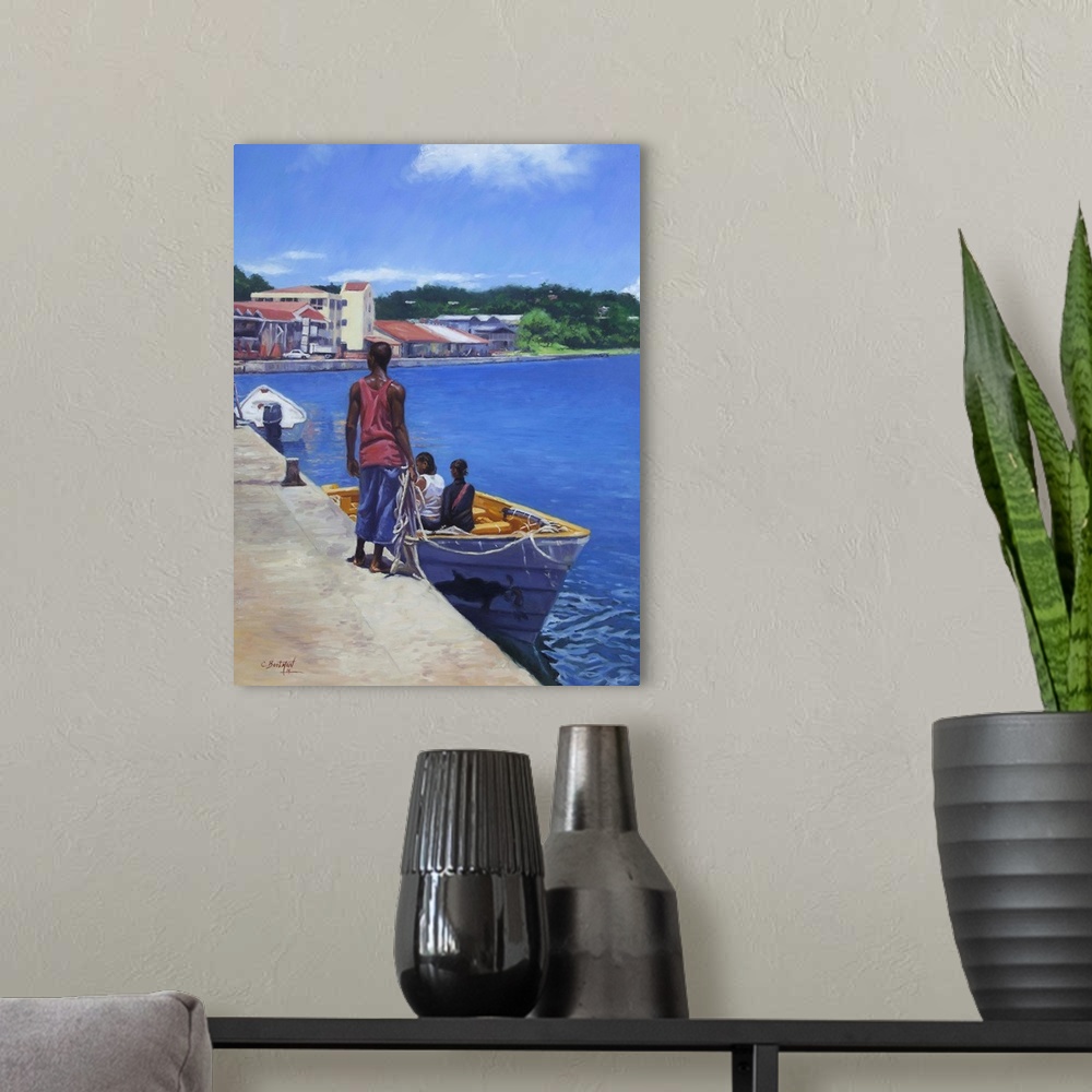 A modern room featuring Contemporary art of people in a boat in the harbor in the West Indies.