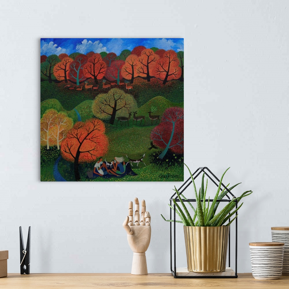 A bohemian room featuring Contemporary painting of a herd of deer in an autumn forest.