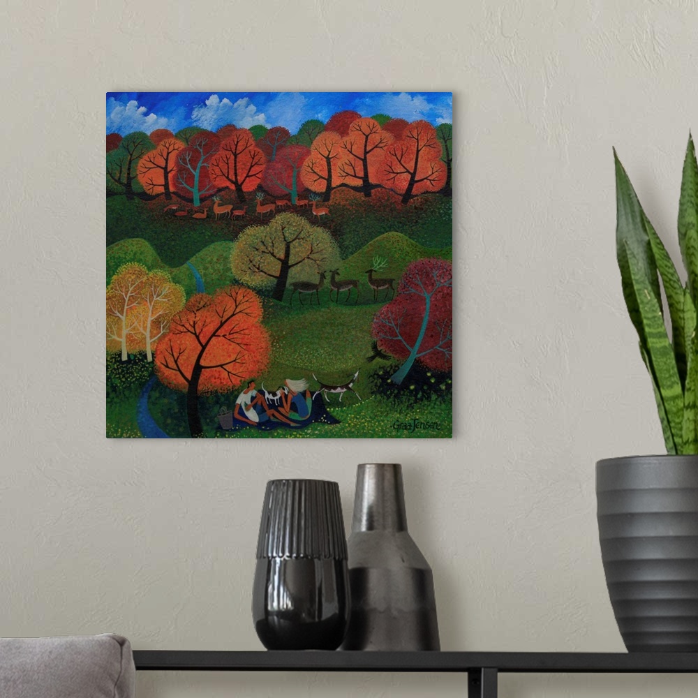 A modern room featuring Contemporary painting of a herd of deer in an autumn forest.