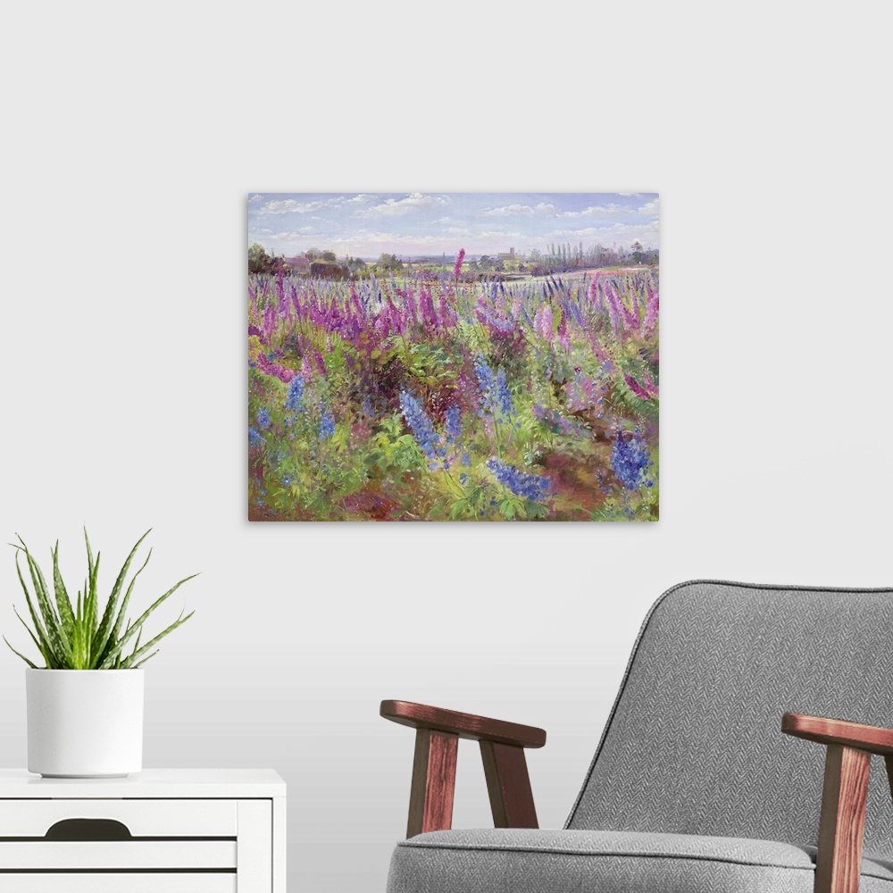 A modern room featuring Delphinium Field and Church.