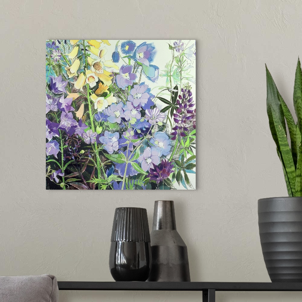 A modern room featuring Delphiniums and Foxgloves
