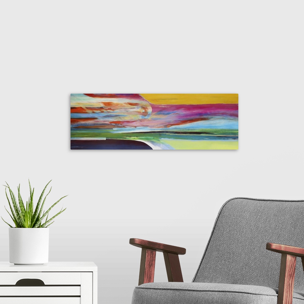 A modern room featuring Contemporary colorful abstract painting resembling a landscape.