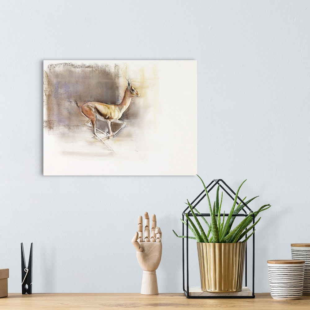 A bohemian room featuring Contemporary wildlife painting of a galloping gazelle.