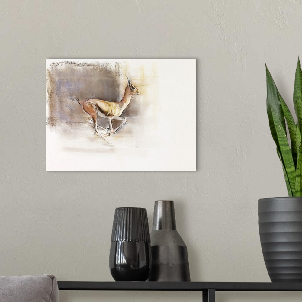 A modern room featuring Contemporary wildlife painting of a galloping gazelle.