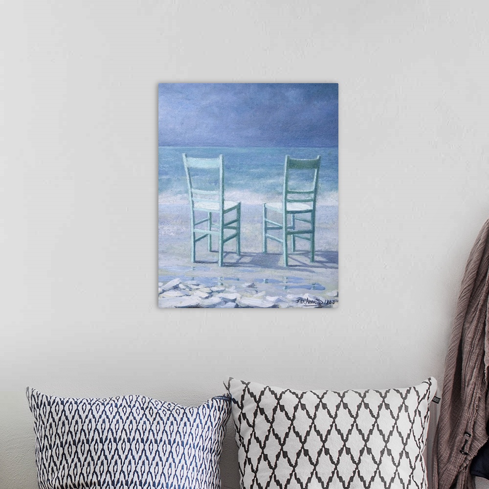 A bohemian room featuring Contemporary painting of two table chairs sitting on a beach facing the sea.