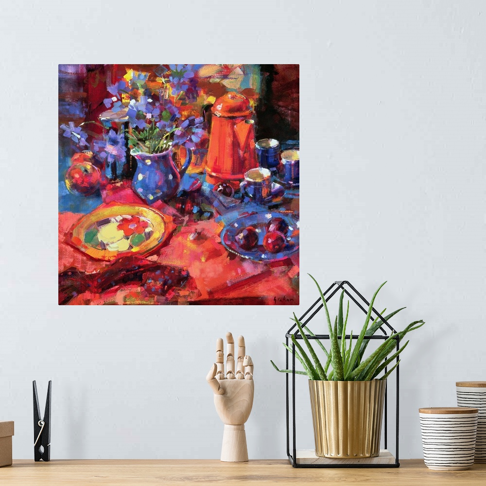 A bohemian room featuring Painting of still life.  There is a colorful floral plate, a plate of plums, a vase of flowers, t...