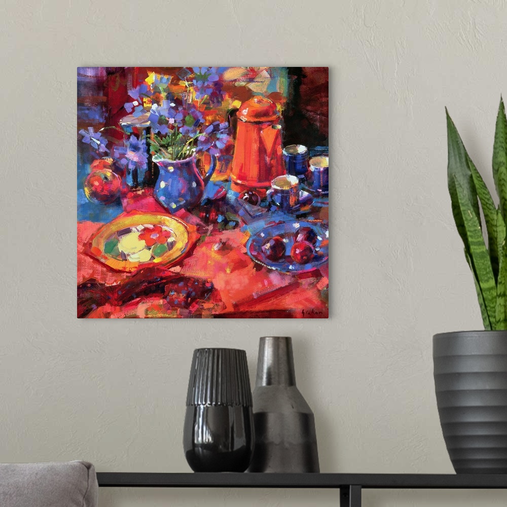 A modern room featuring Painting of still life.  There is a colorful floral plate, a plate of plums, a vase of flowers, t...