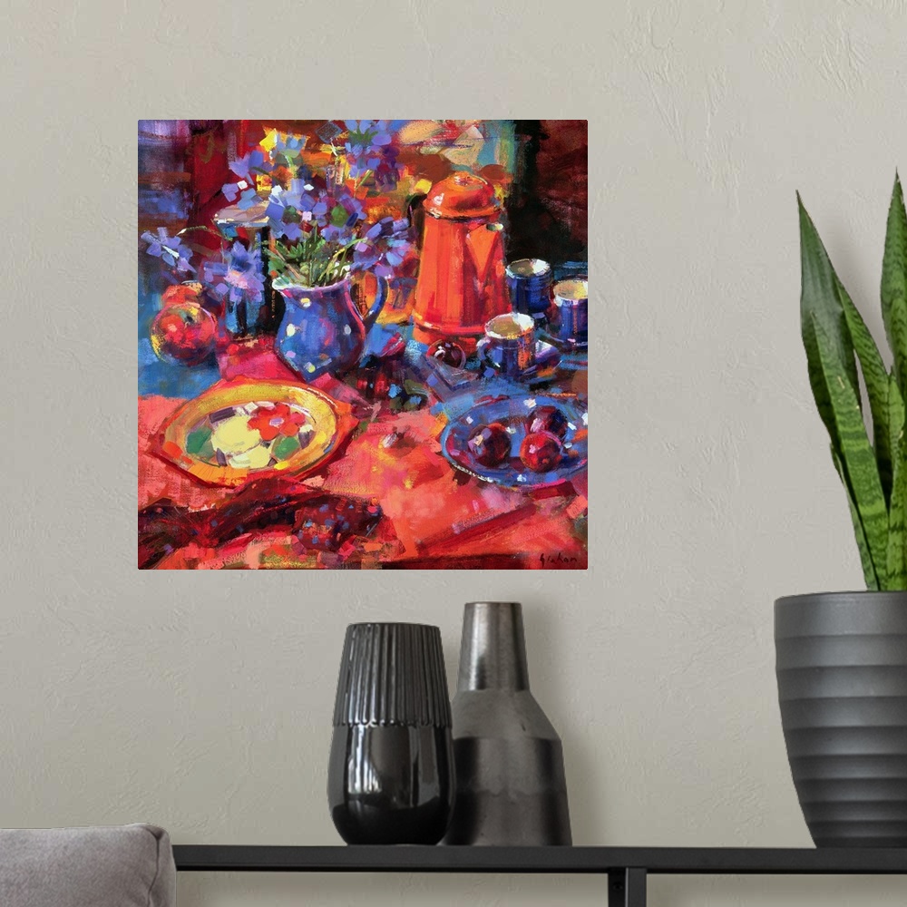A modern room featuring Painting of still life.  There is a colorful floral plate, a plate of plums, a vase of flowers, t...