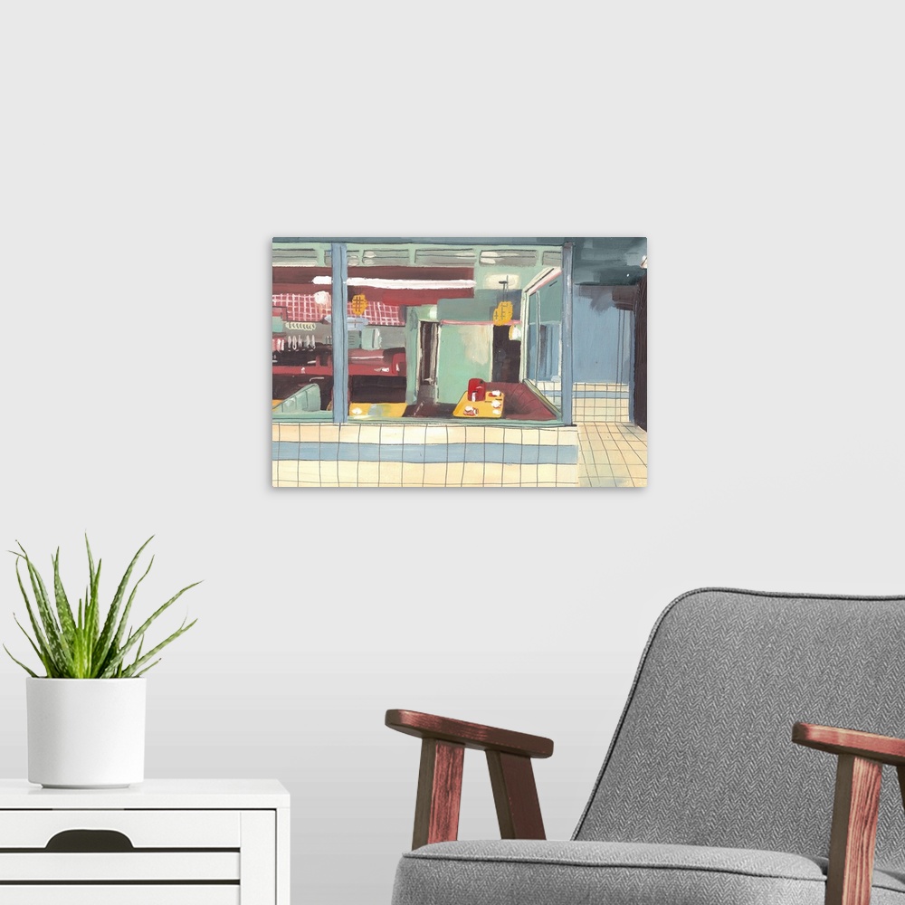 A modern room featuring Diner, 2012, oil on paper.  By Grace Helmer.