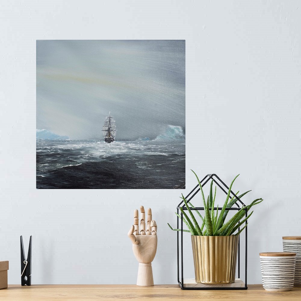 A bohemian room featuring Contemporary painting of a military ship on rough seas.