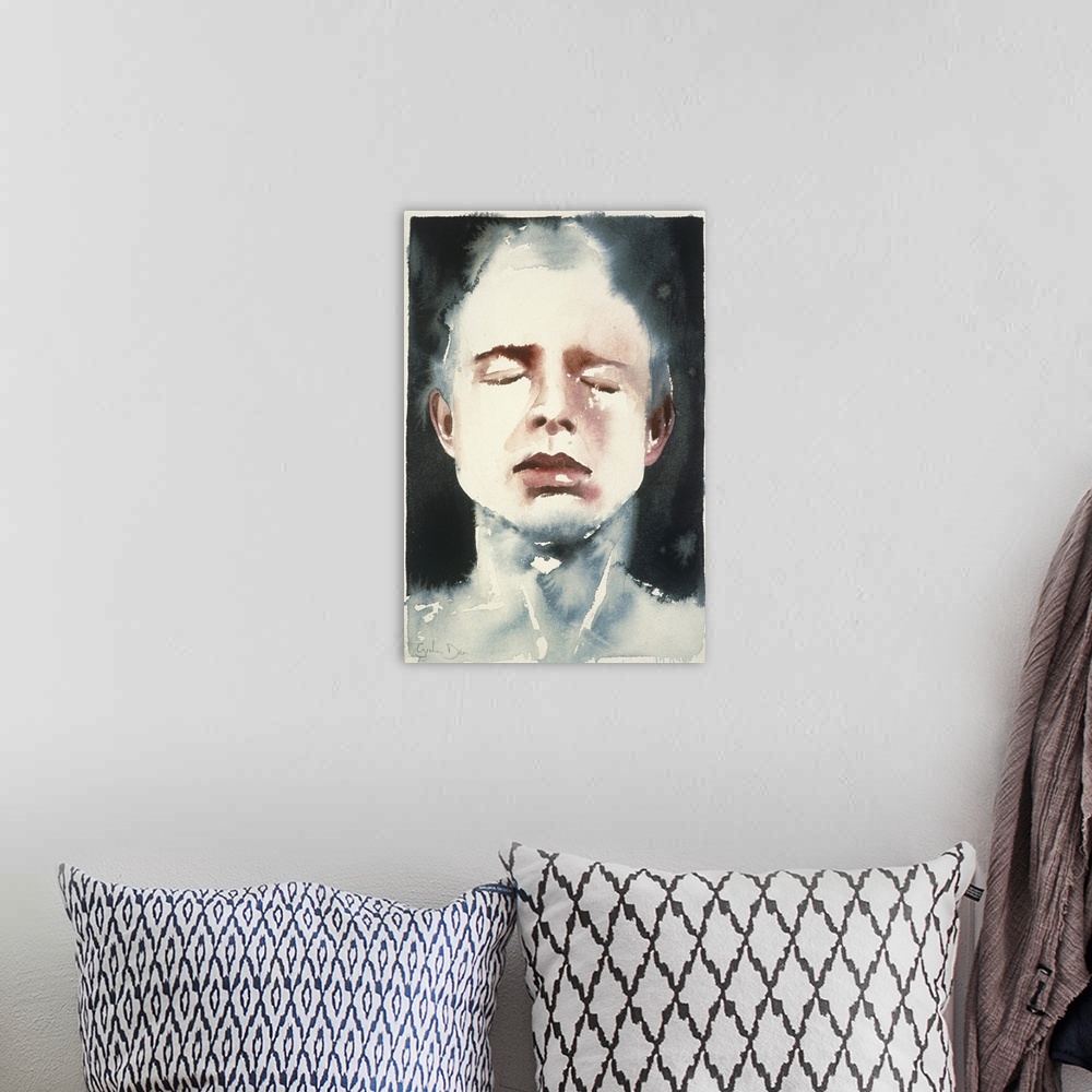 A bohemian room featuring Contemporary watercolor painting of a person with closed eyes is partially submerged in dark water.