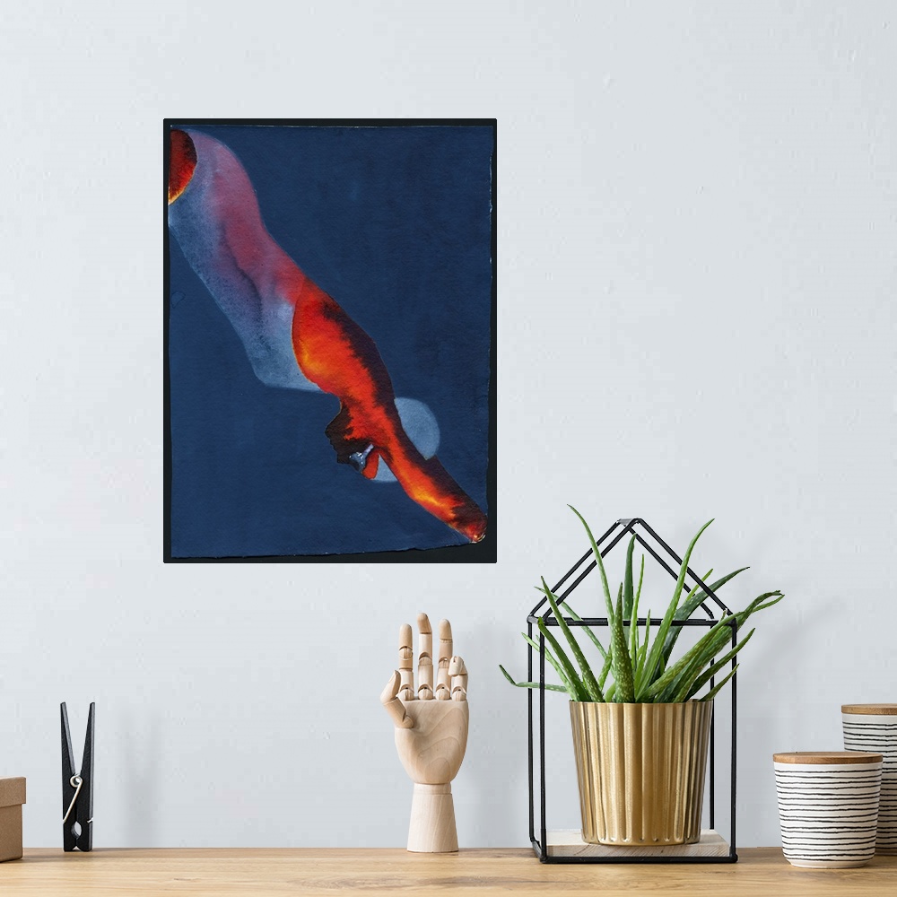 A bohemian room featuring Contemporary watercolor painting of a swimming from a profile diving into the water.