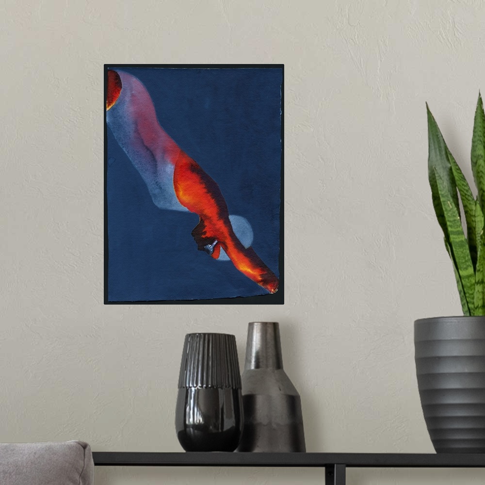 A modern room featuring Contemporary watercolor painting of a swimming from a profile diving into the water.
