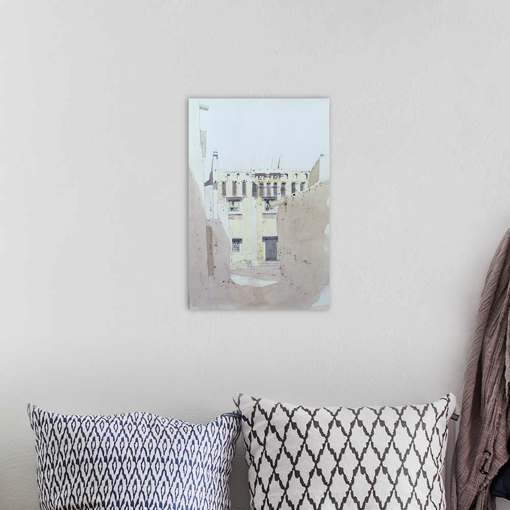 A bohemian room featuring Contemporary painting of a mosque in Djenne, Mali.