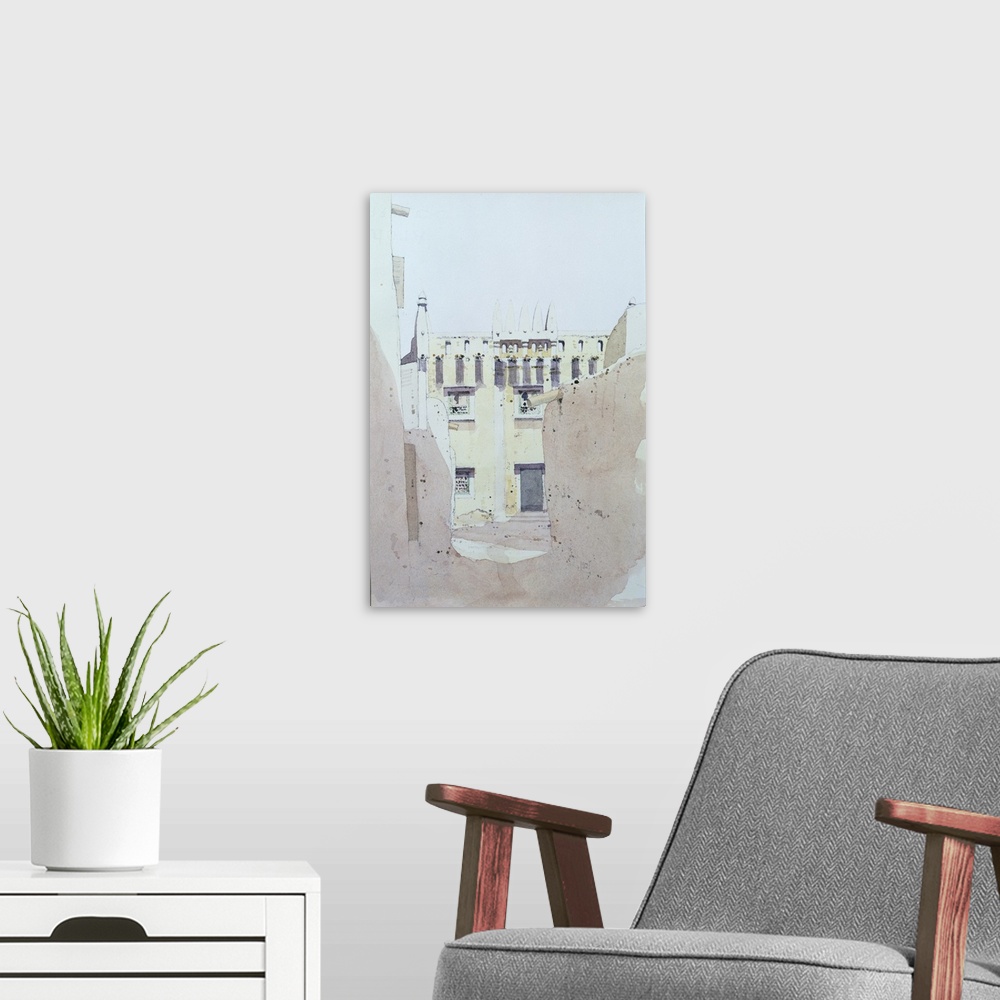 A modern room featuring Contemporary painting of a mosque in Djenne, Mali.