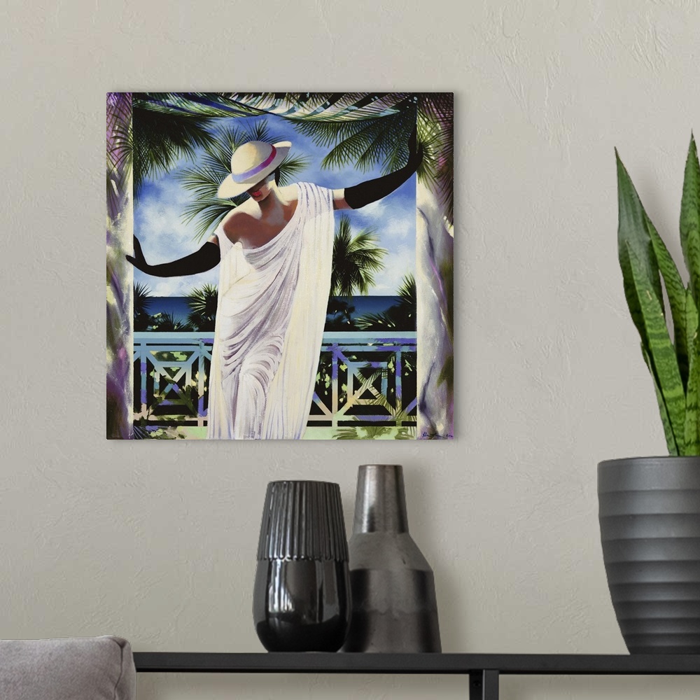 A modern room featuring Contemporary painting of a woman wearing a hat and robe.