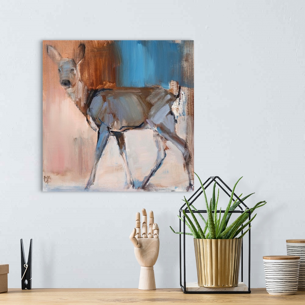 A bohemian room featuring Contemporary artwork of a deer against a earth toned background.