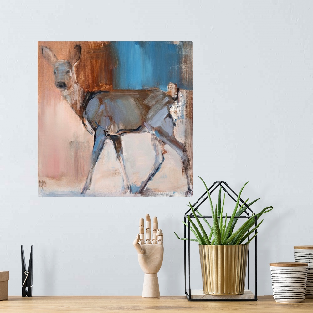A bohemian room featuring Contemporary artwork of a deer against a earth toned background.