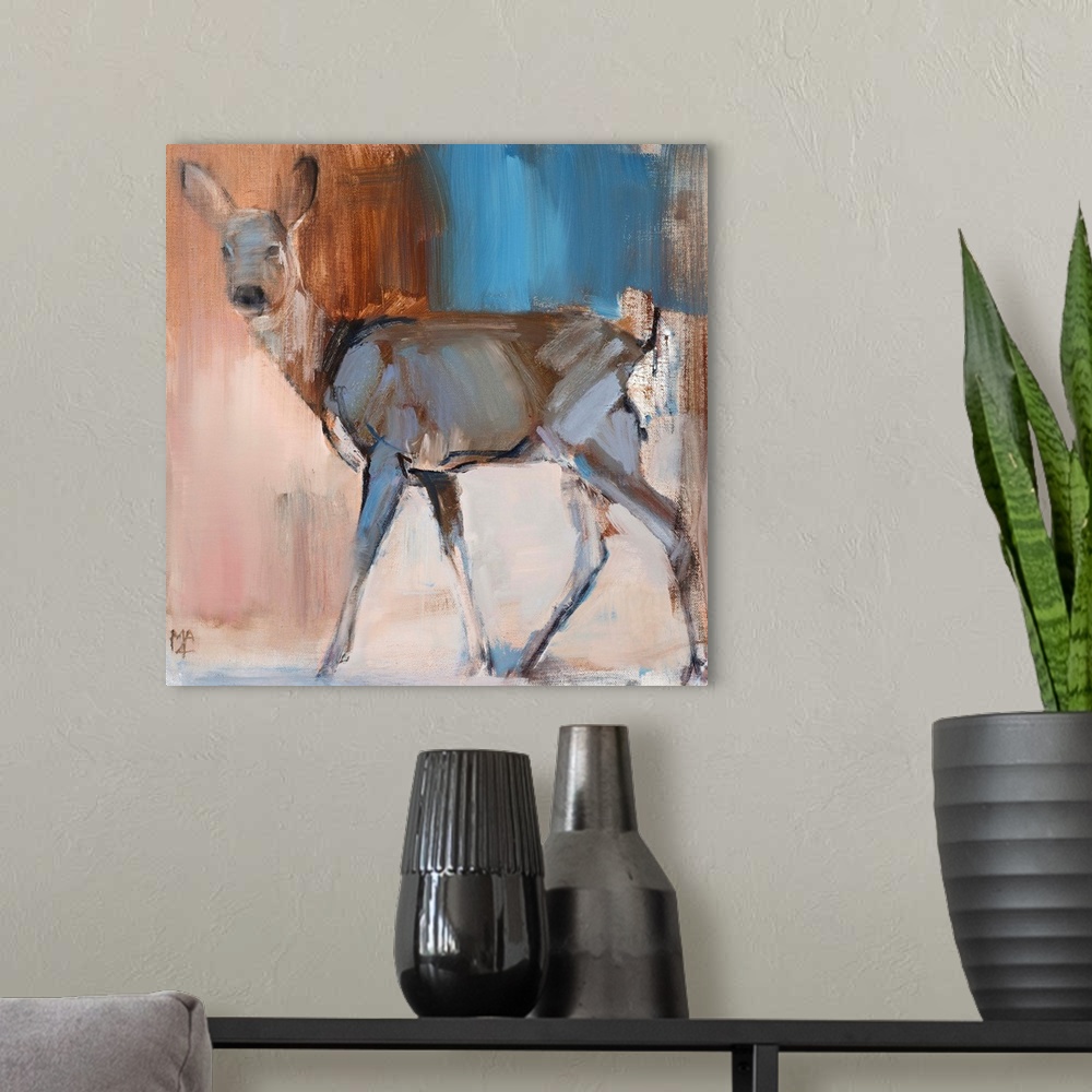 A modern room featuring Contemporary artwork of a deer against a earth toned background.