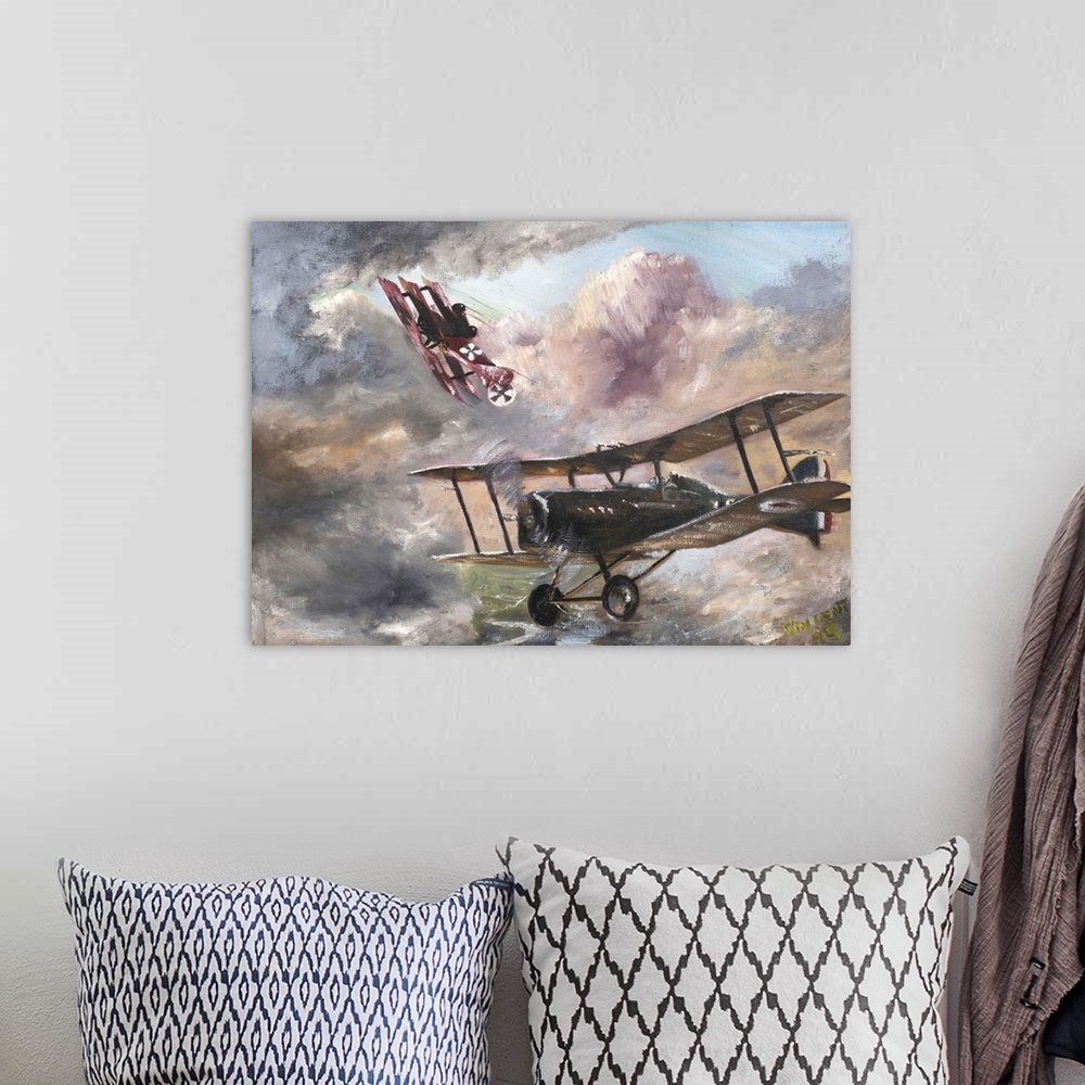 A bohemian room featuring Contemporary painting of a military airplanes in a dogfight.