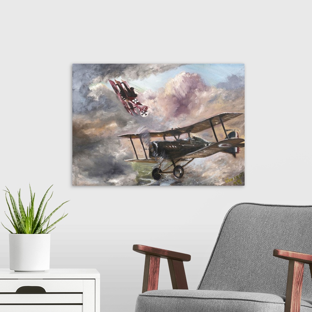 A modern room featuring Contemporary painting of a military airplanes in a dogfight.