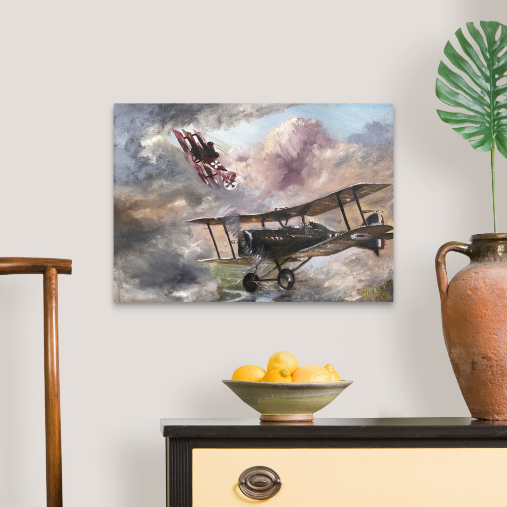 A traditional room featuring Contemporary painting of a military airplanes in a dogfight.