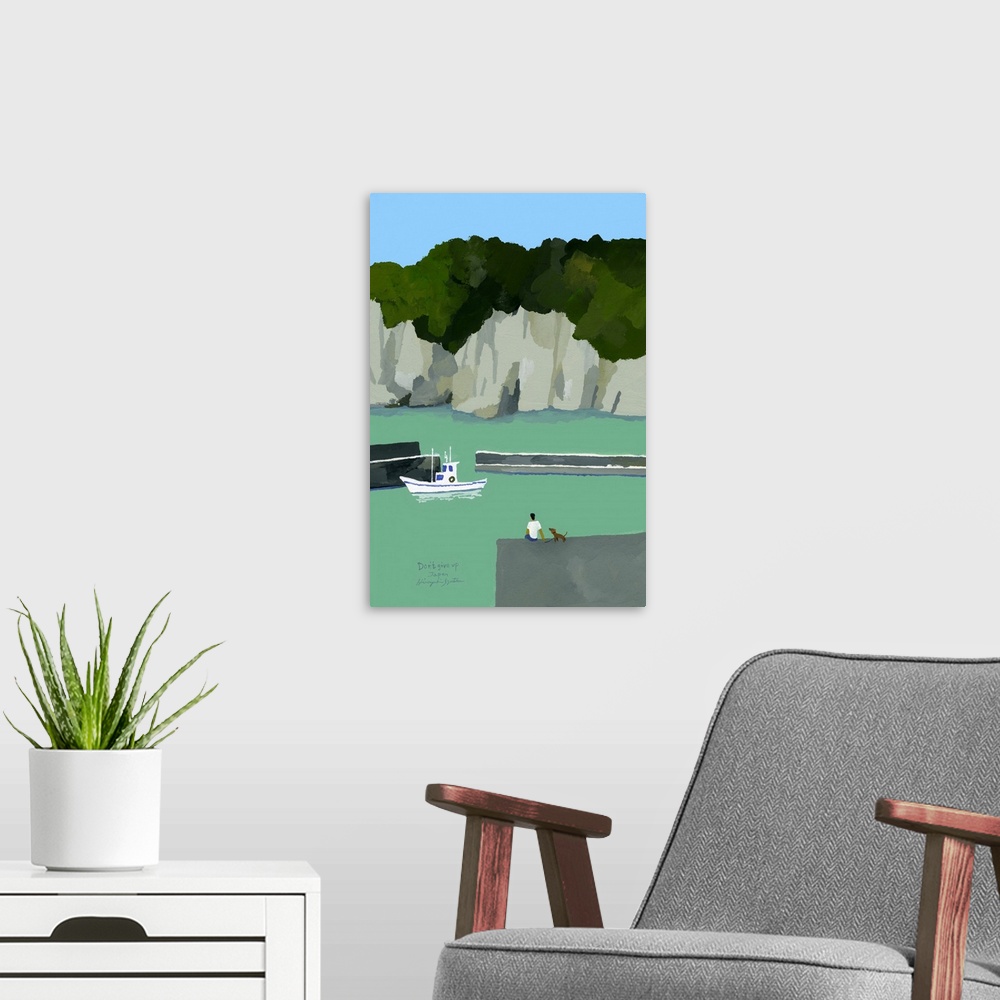 A modern room featuring Dogs And People Staring At The Harbor