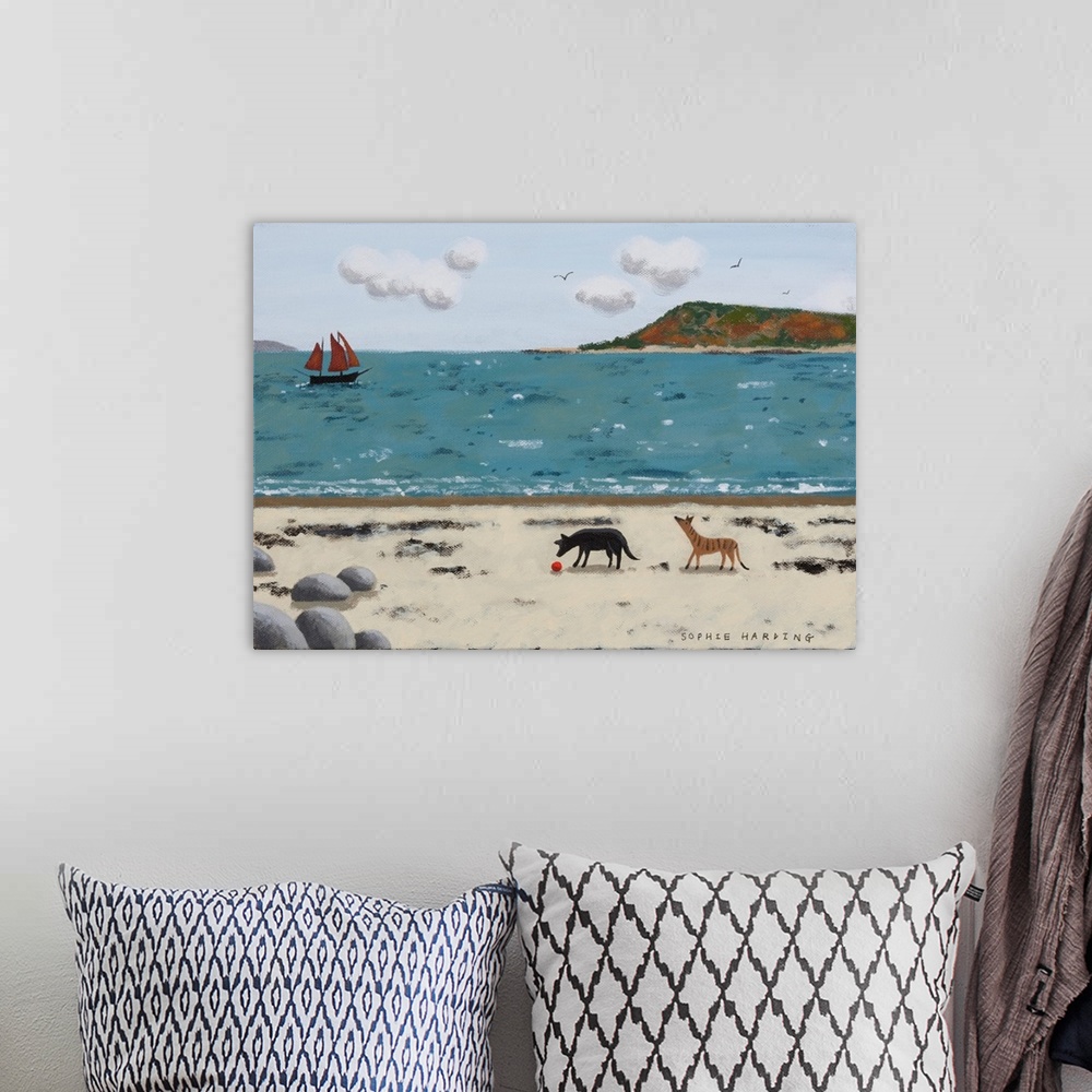 A bohemian room featuring Dogs On Beach And Boat