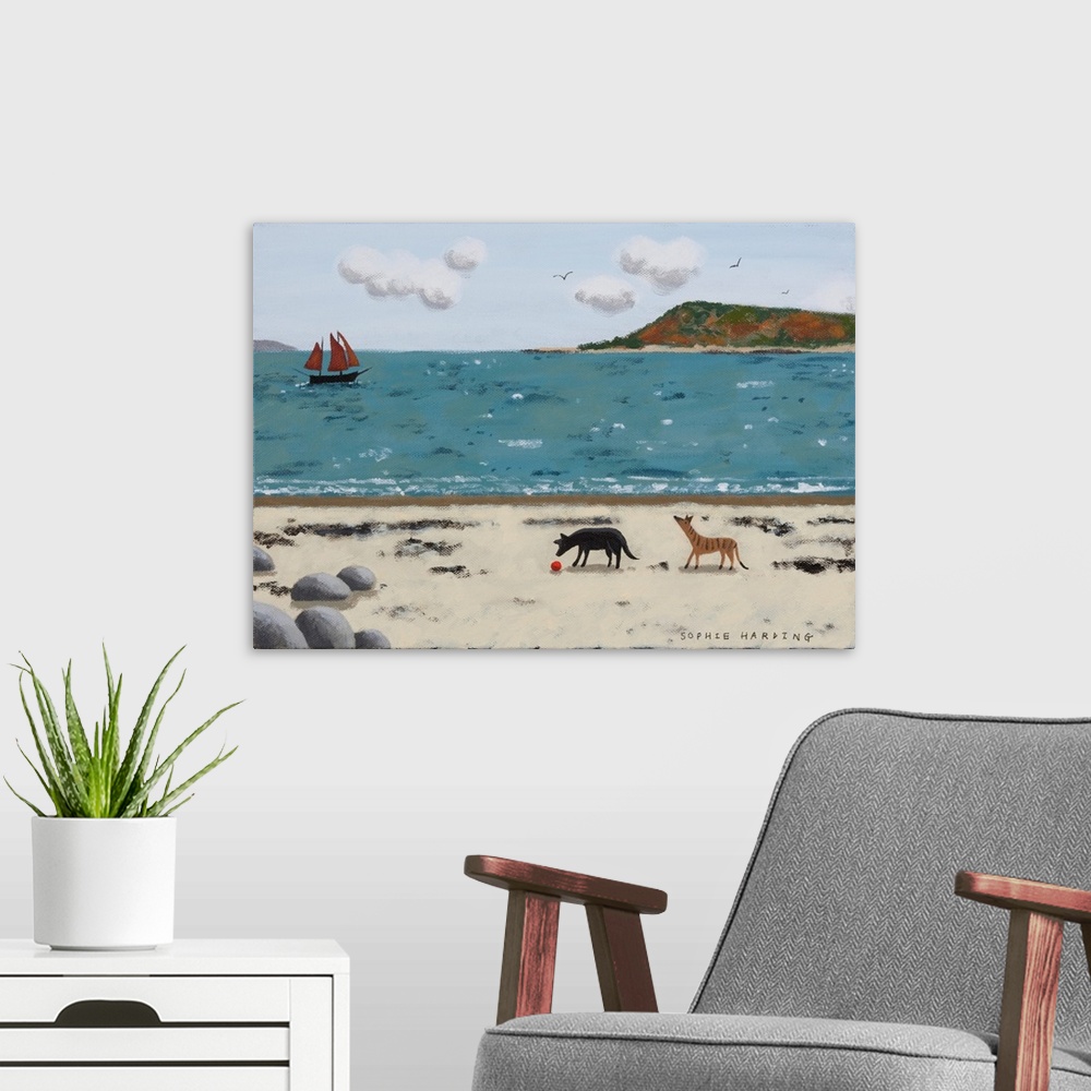 A modern room featuring Dogs On Beach And Boat