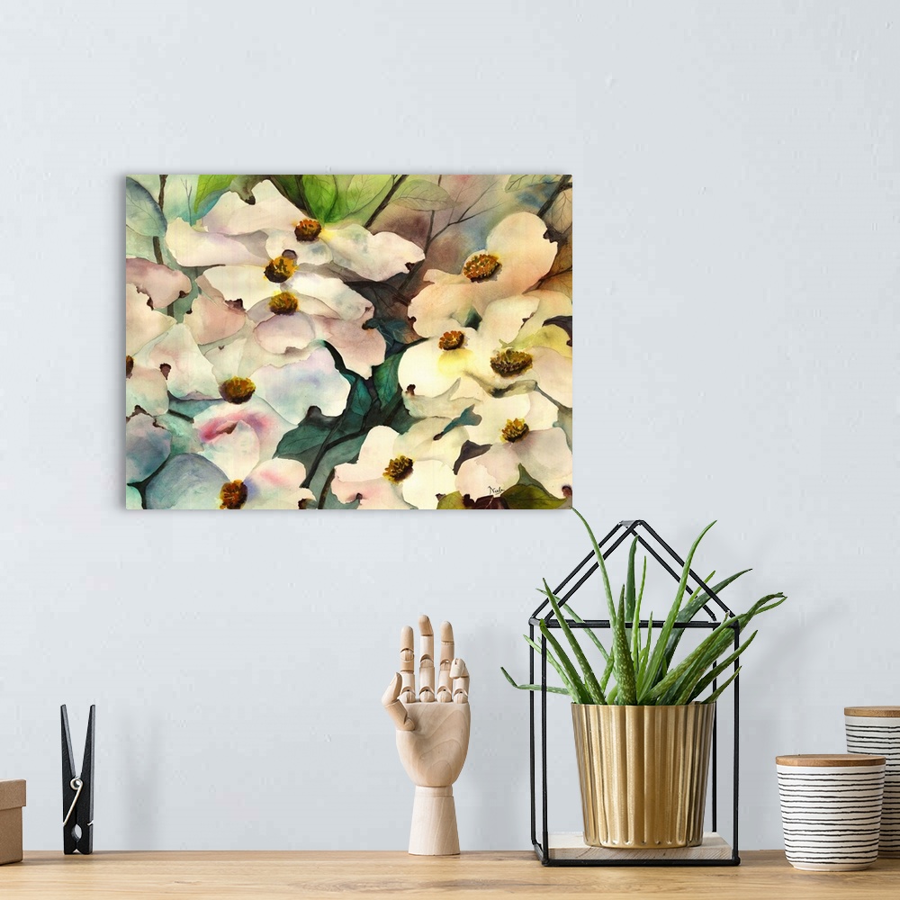 A bohemian room featuring Contemporary watercolor painting of dogwood flowers.