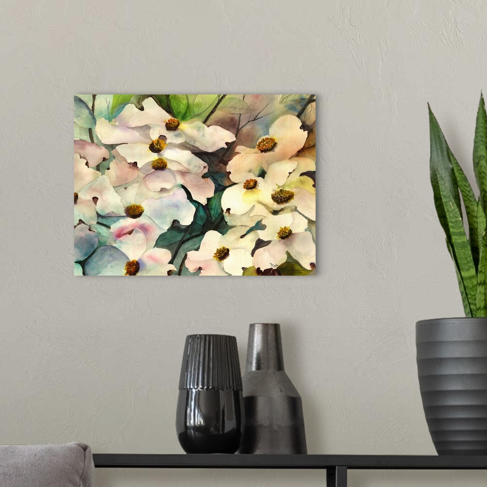 A modern room featuring Contemporary watercolor painting of dogwood flowers.