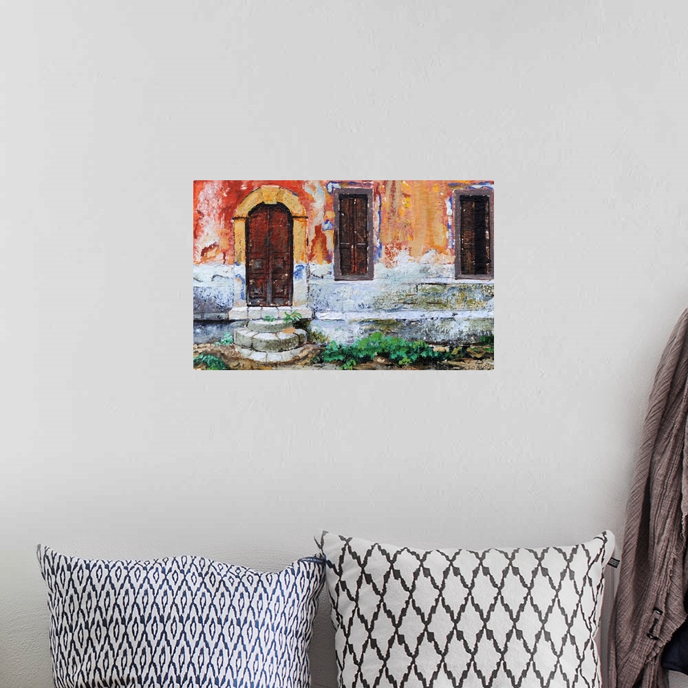 A bohemian room featuring Realistic painting of the side of a weathered building in Greece with an arched door and two shut...