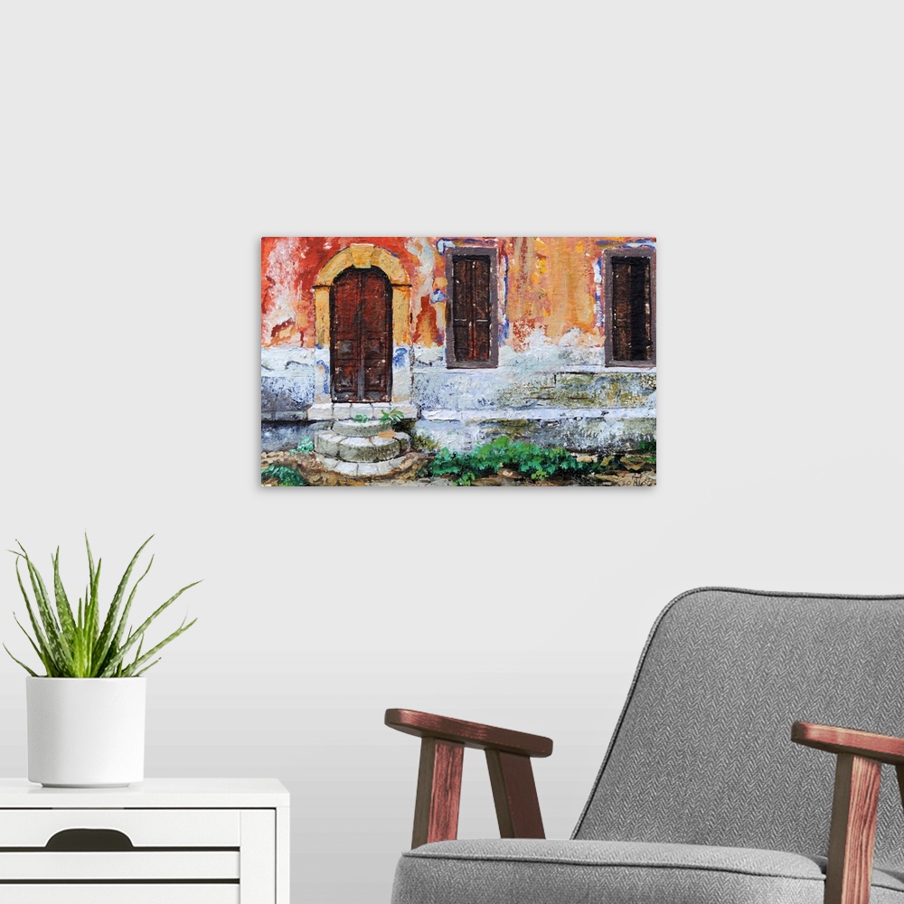 A modern room featuring Realistic painting of the side of a weathered building in Greece with an arched door and two shut...