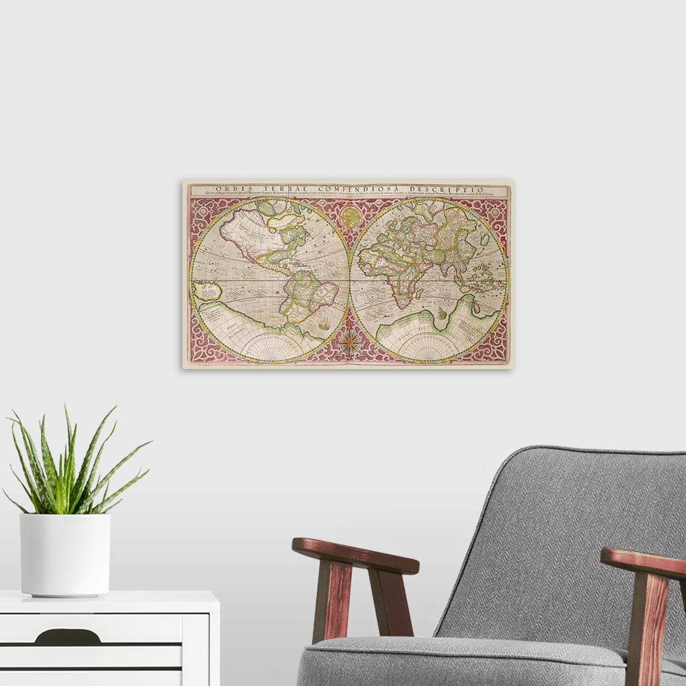 A modern room featuring XCF291083 Double Hemisphere World Map, 1587 (coloured engraving)  by Mercator, Gerard (1512-94); ...