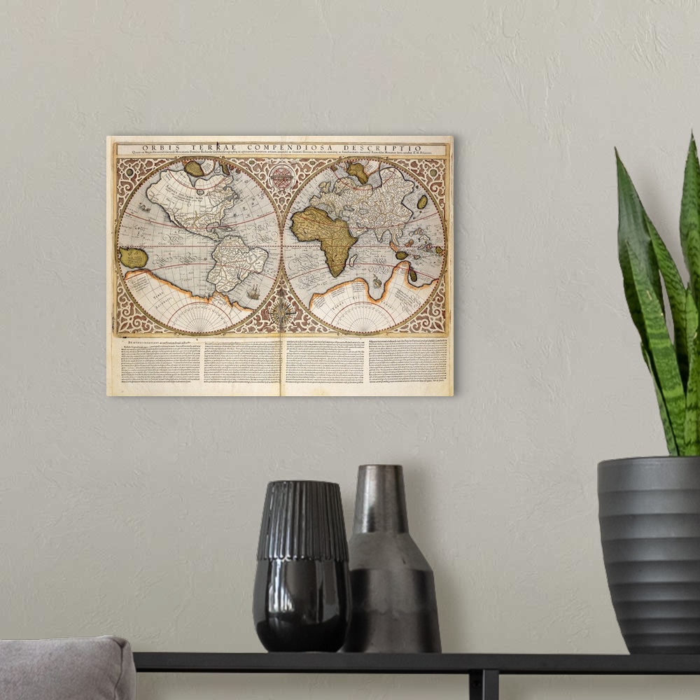 A modern room featuring Large horizontal wall hanging of a vintage, double hemisphere world map from the year 1587, on a ...