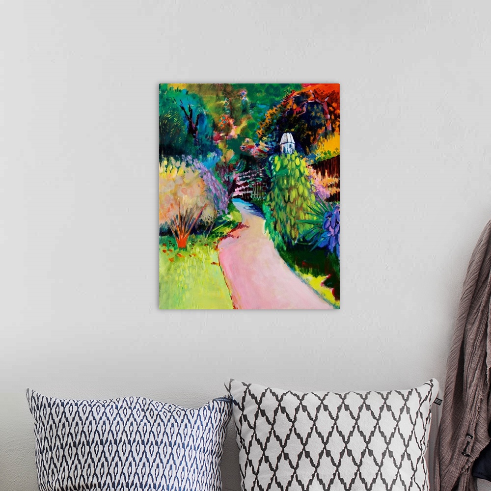 A bohemian room featuring Contemporary painting of a path leading into a vibrant colorful garden.