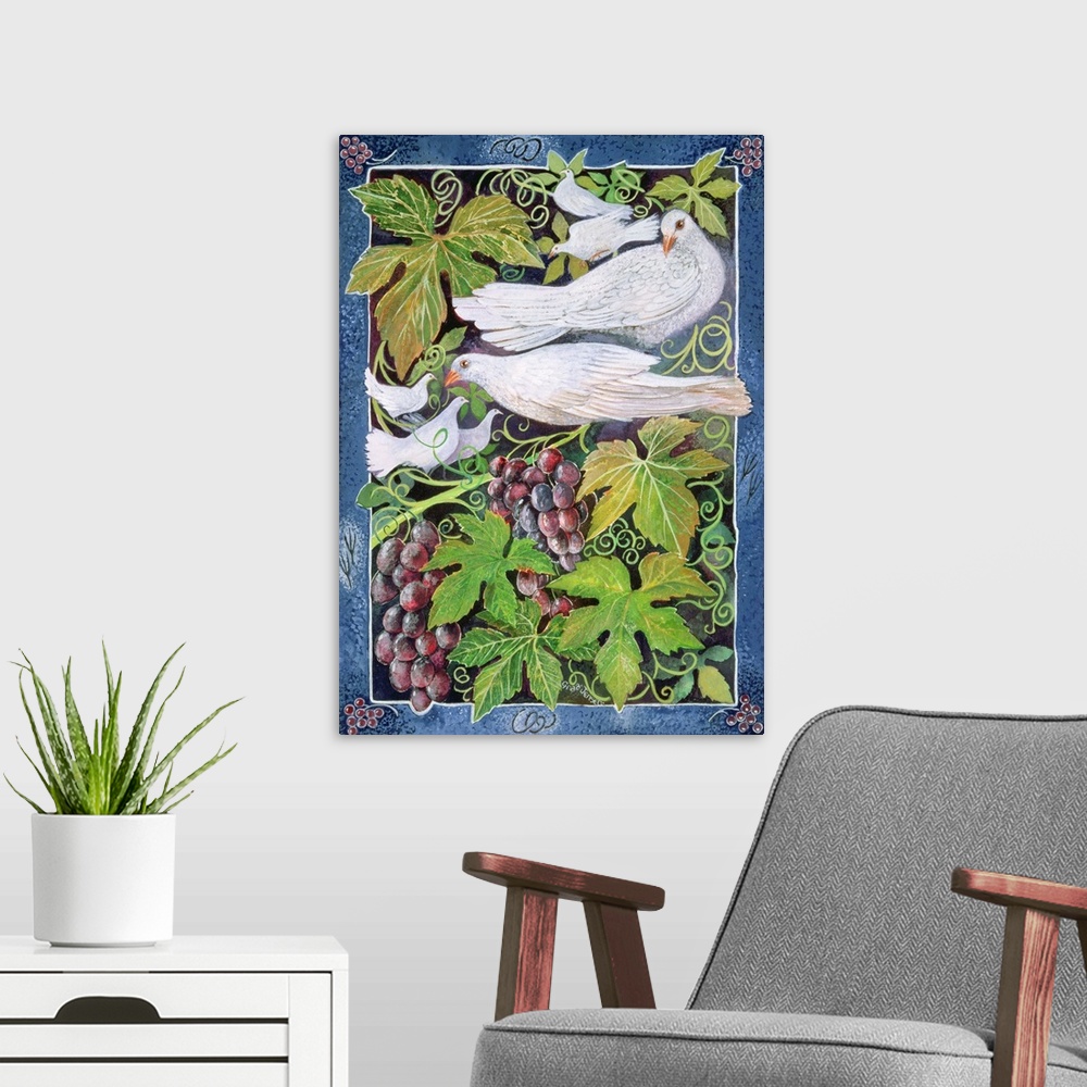 A modern room featuring Contemporary painting of several white doves perched on grapevines.