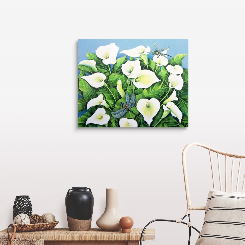 A farmhouse room featuring Painting of a bush of lilies surrounded by flying insects.