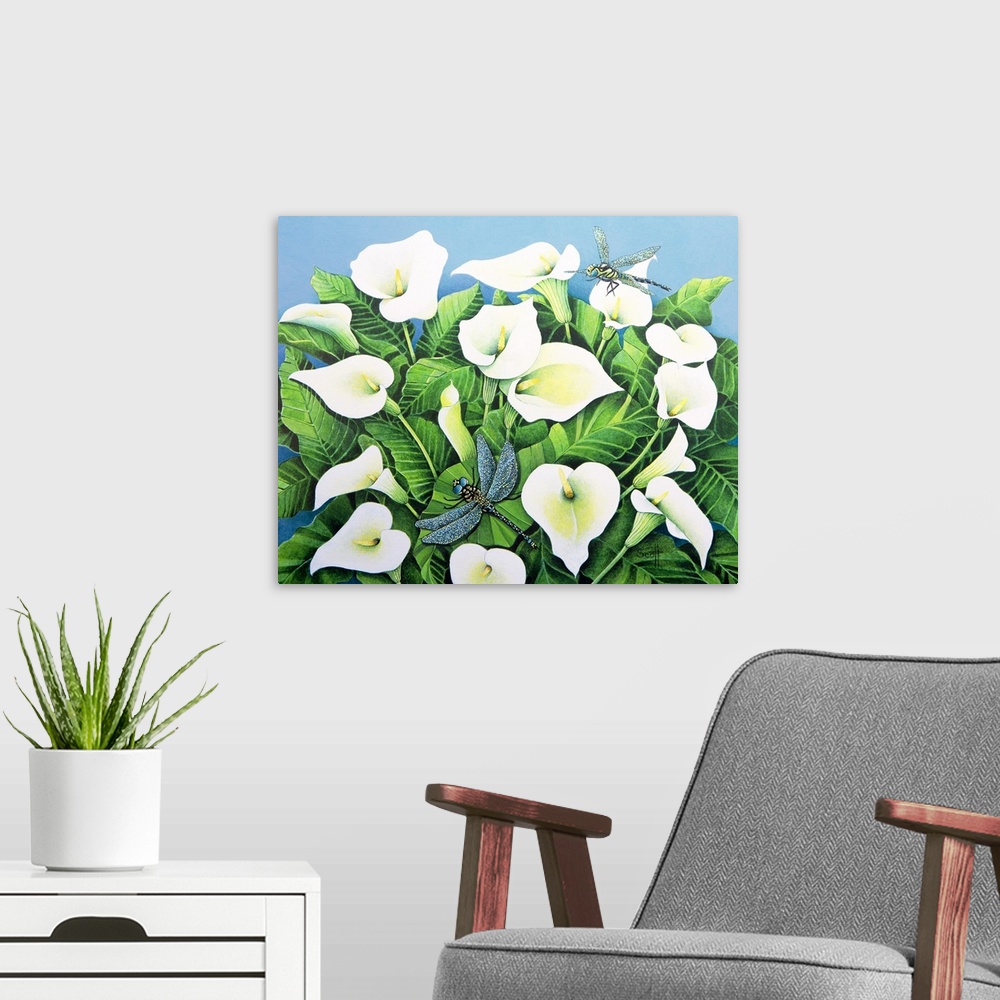 A modern room featuring Painting of a bush of lilies surrounded by flying insects.