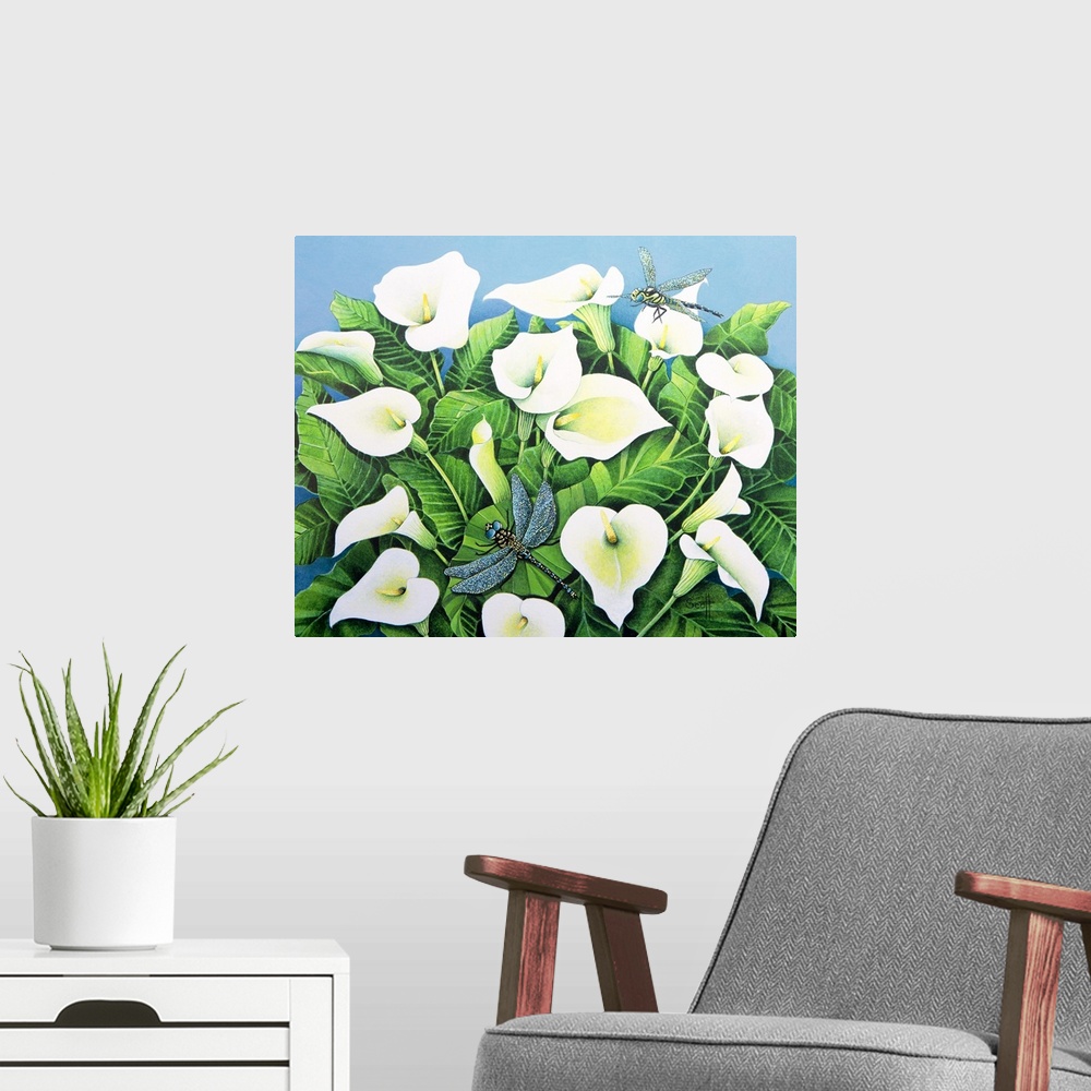 A modern room featuring Painting of a bush of lilies surrounded by flying insects.