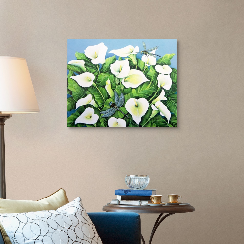 A traditional room featuring Painting of a bush of lilies surrounded by flying insects.