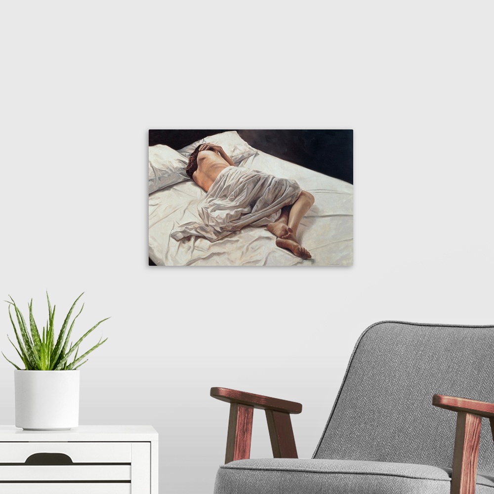 A modern room featuring Oil painting on canvas of a woman laying in the middle of a bed with sheets draped around her waist.