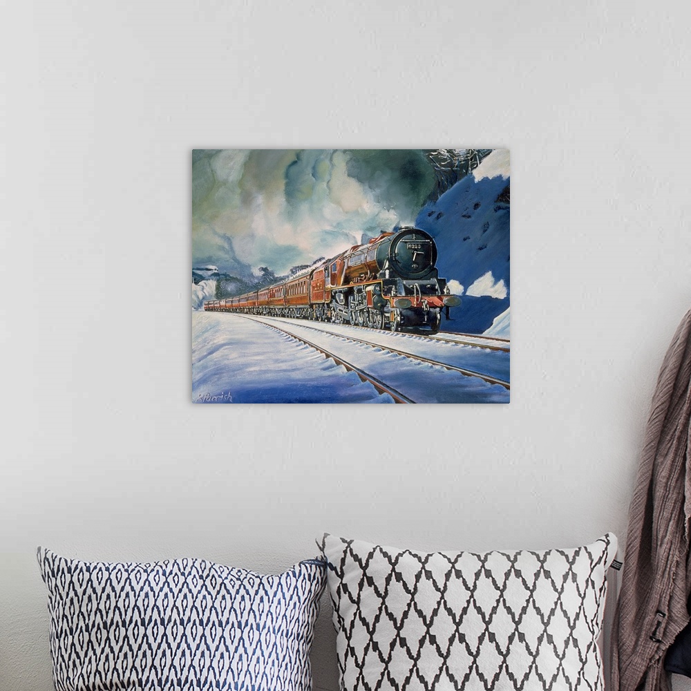 A bohemian room featuring This is a Giclee print of an oil painting that shows a locomotive with several passenger cars tra...