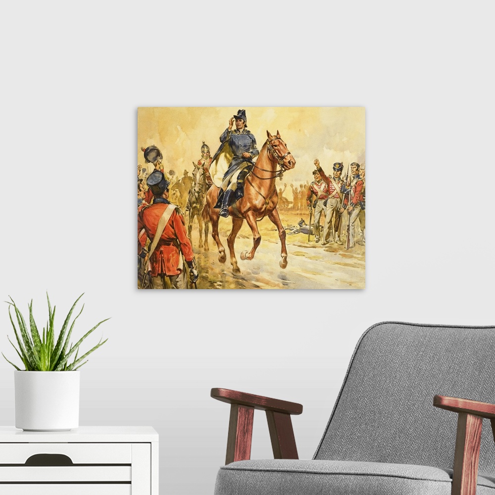 A modern room featuring Duke of Wellington Rallying his Troops. Original artwork for Look and Learn.