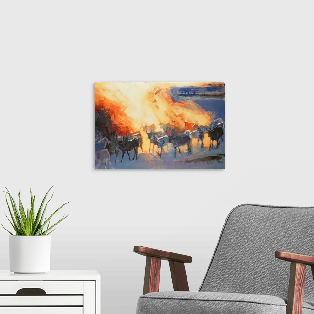 A modern room featuring Contemporary painting of a herd of cattle kicking up dust.